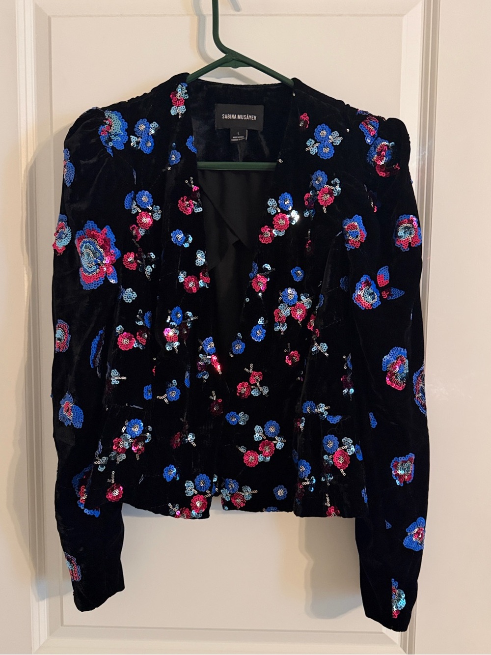 Sabina Musayev Black Velvet Floral Sequin Blazer
